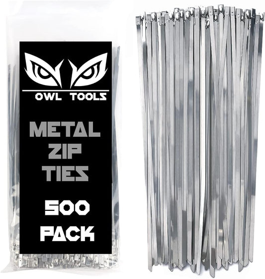 500 Pack of Stainless Steel Metal Zip Ties - 11" Long - Heavy Duty 198 lb Tensile Strength - Self Locking - Perfect for Exhaust Wrap, Automotive Repair, and More!