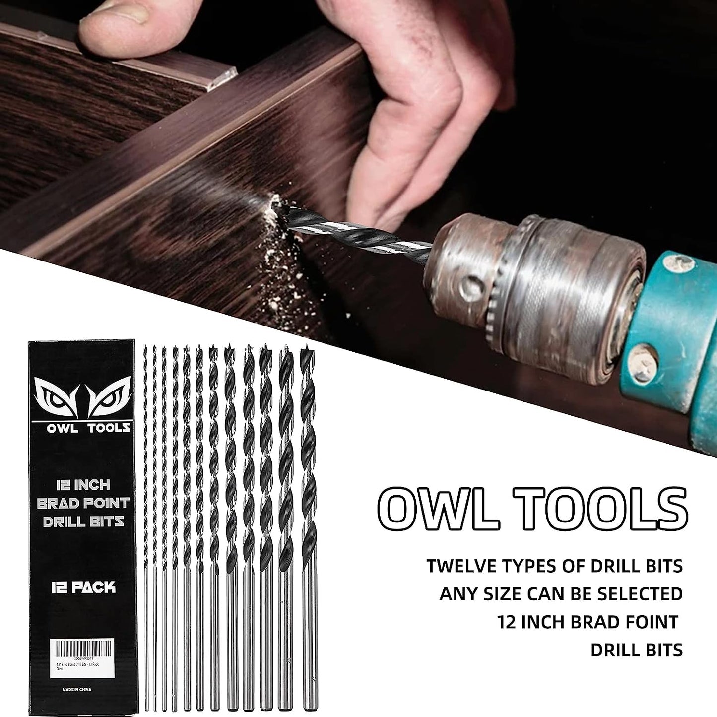 Owl Tools Extra Long 12" Brad Point Wood Drill Bit Set (12 Pack with Storage Sleeve) Carpenters Quality - Drill Splinter-Free Perfectly Round Holes in All Types of Wood