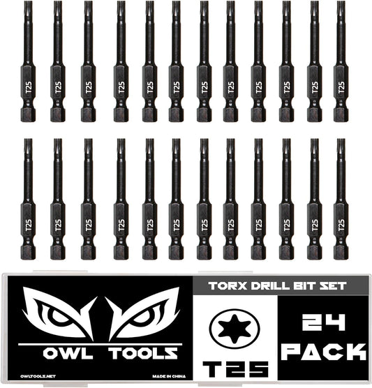 25 Torx Bits, T15,T20,T25,T27,T30,T35,T40 (24 Pack - 2 Inch Impact Grade) 8 Point Torx Star Bit with Hex Shank - Hardened CRM Steel Alloy - Case Included