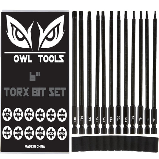 6" Long Torx Bit Set (12 Pack of Drill Bits with Case) Security Tamper Proof Star Design in T7, T8, T9, T10, T15, T20, T25 x 3, T27, T30, and T40
