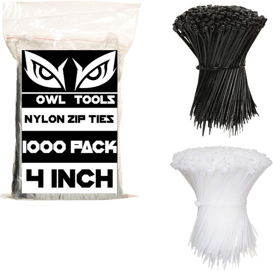 Nylon Zip Ties (BULK PACK OF 1000) 4 Inch Cable Ties in Black and White - Small Mini Sized 25lb Strength Tie Wraps - Perfect for Tying Cables, Wires, Organization, and So Much More!