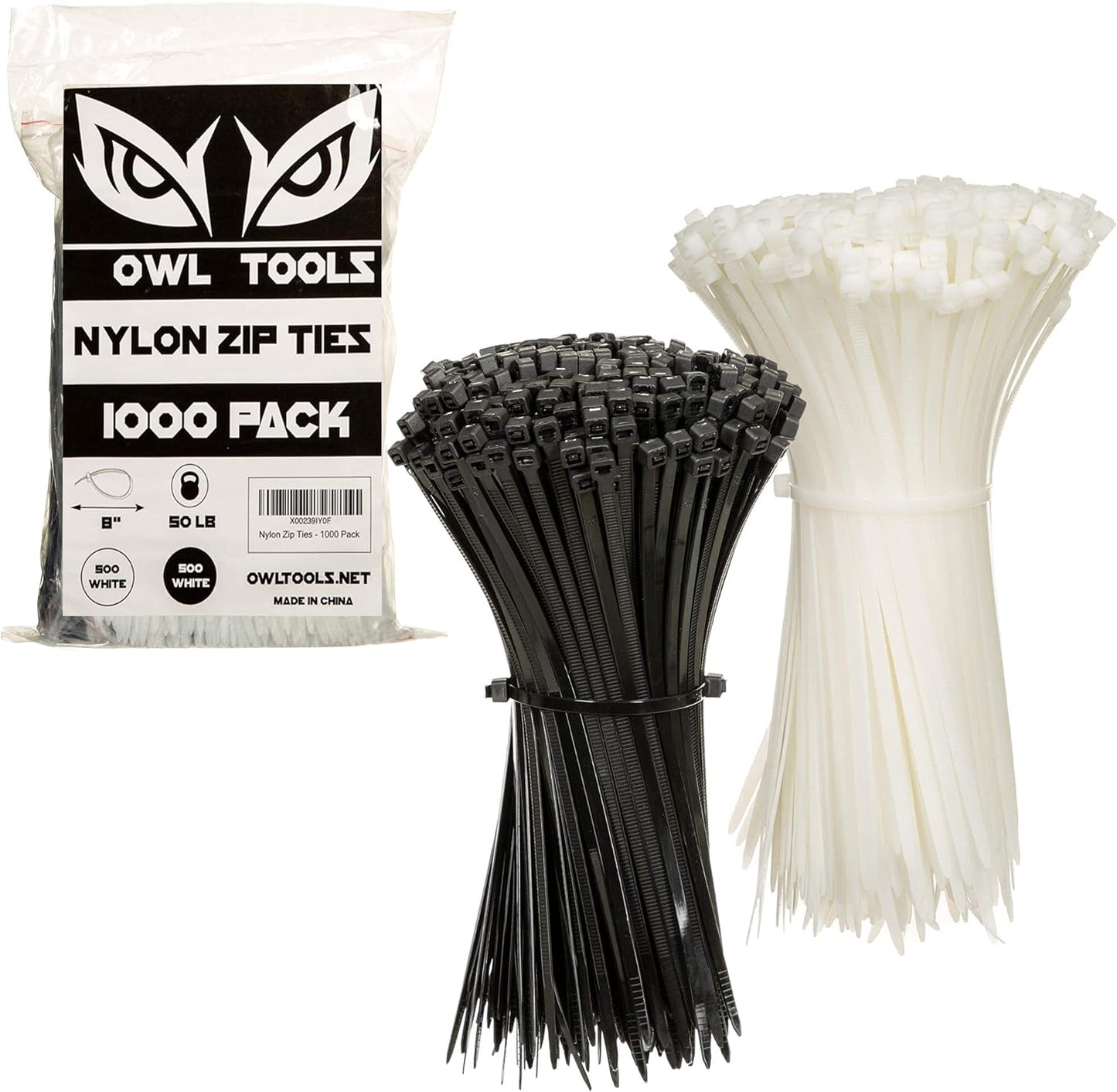 Owl Tools 8 inch Zip Ties Bulk Pack of 1000-50lb Strength - 8inches Cable Ties in Black and White